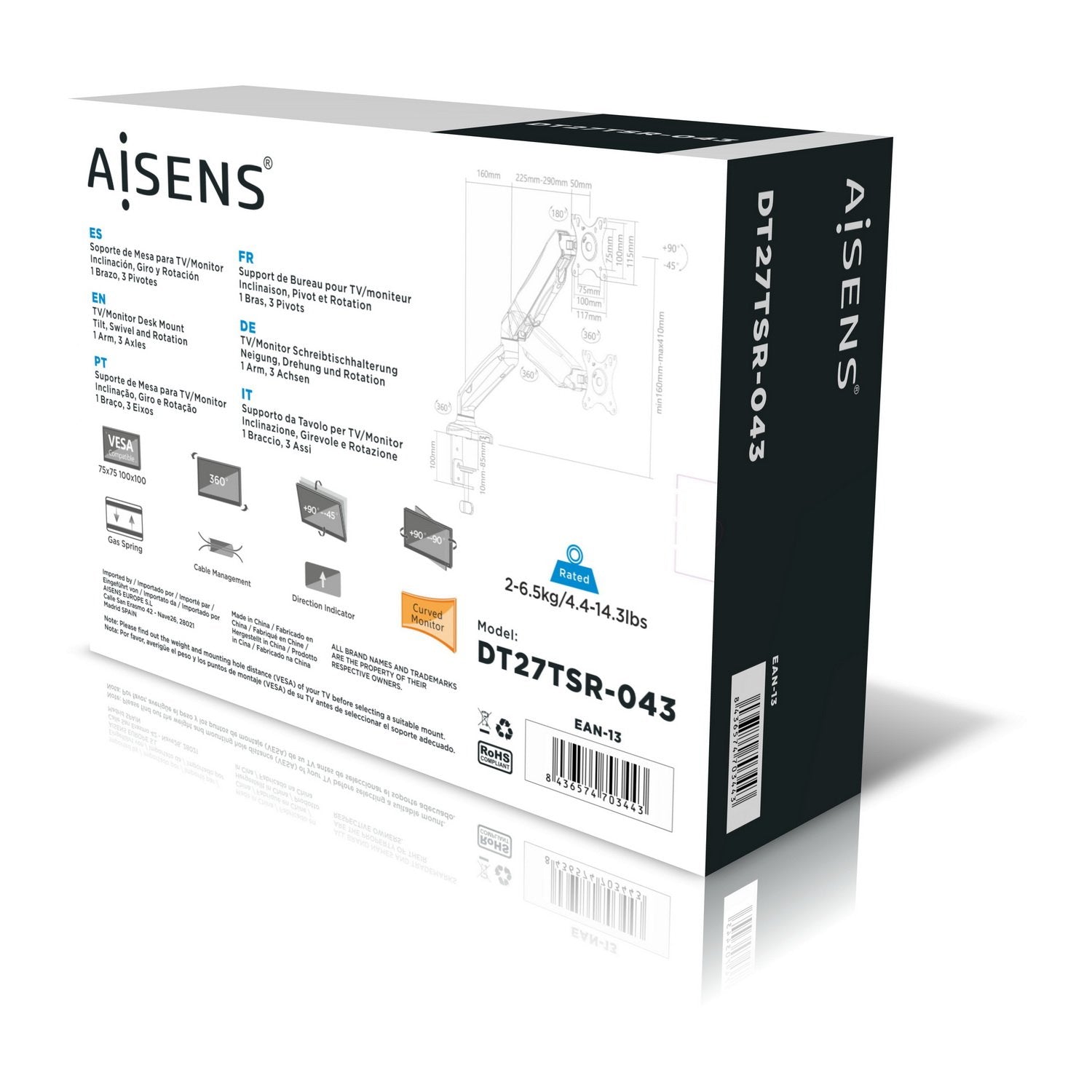 Aisens Soporte Tv Monitor Mesa Pro Gira Incl 65kg 3piv1braz 13-27 Neg Dt27tsr-043