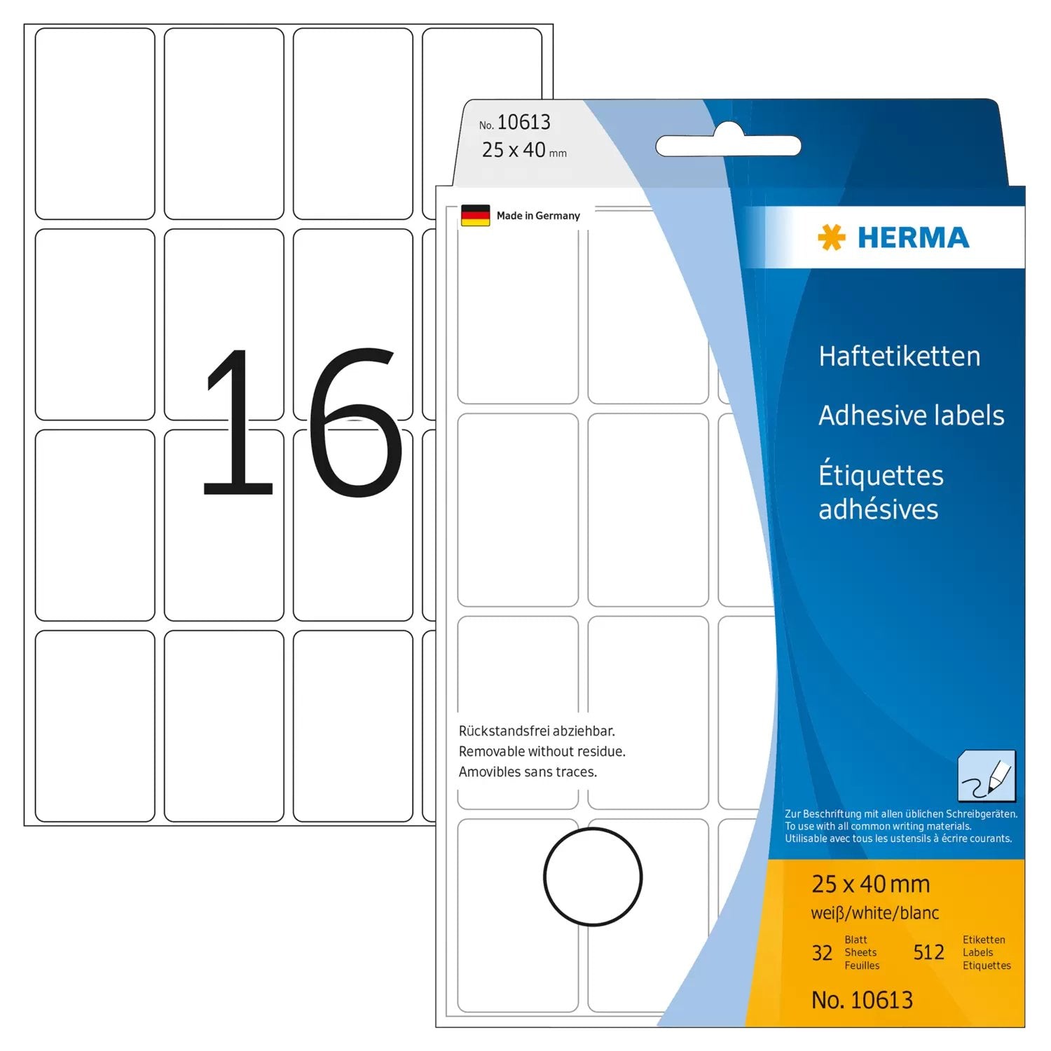 EAN 4008705106139 - HERMA 10613 etiqueta autoadhesiva Rectángulo redondeado Blanco 512 pieza(s) imagen 1