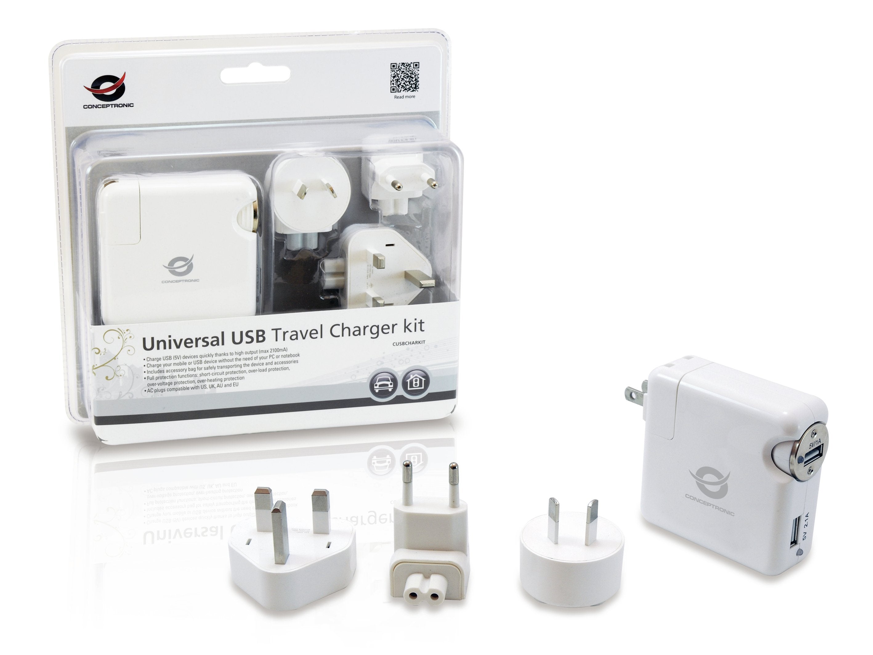 Conceptronic Kit Cargador De Viaje Universal Incluye Cargador Usb A Coche Y Pared Usb 5v 2a