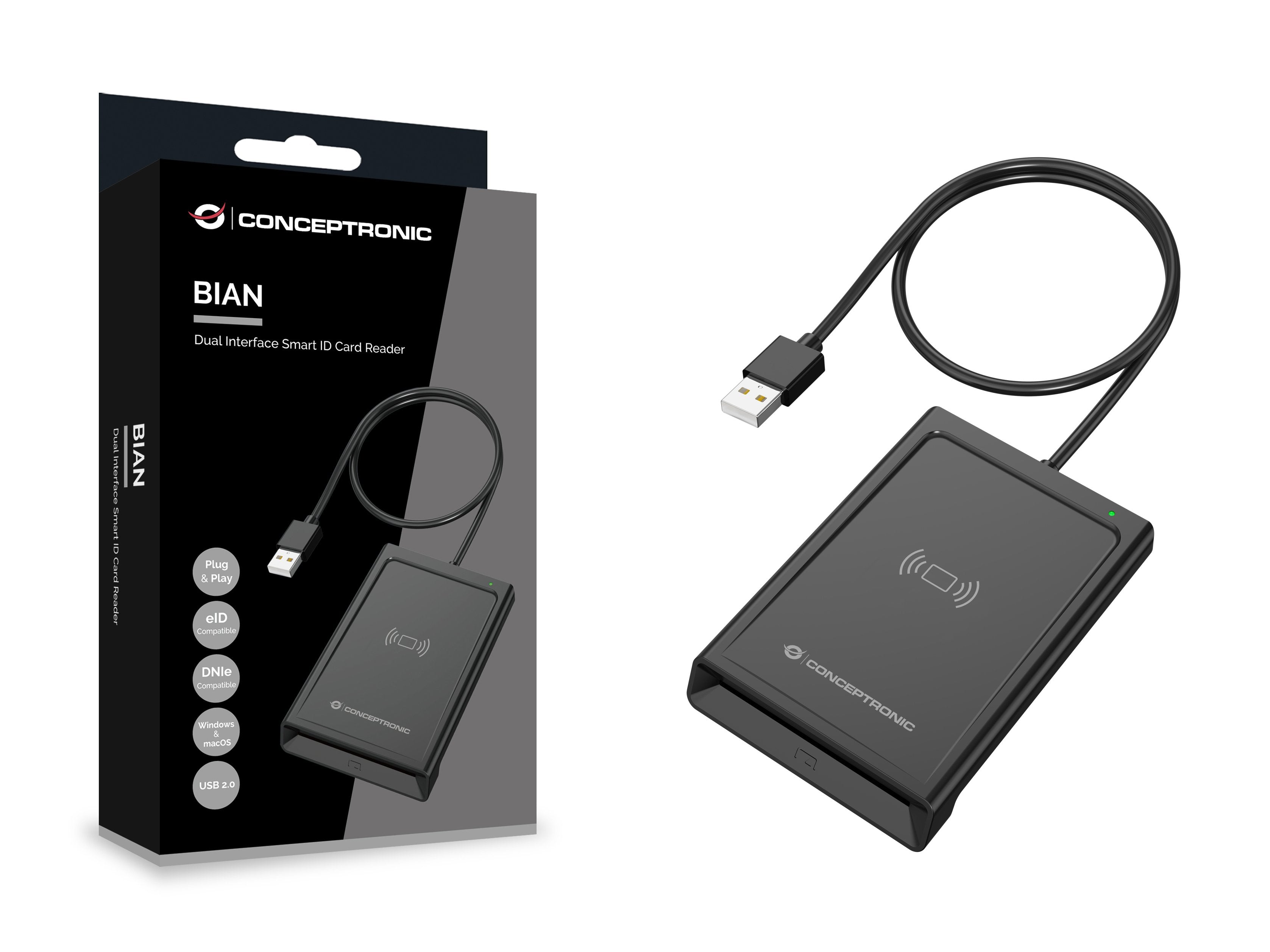 Lector De Tarjetas Conceptronic Dual-Interf. Smart-Id Kartenleser Usb-A Negro