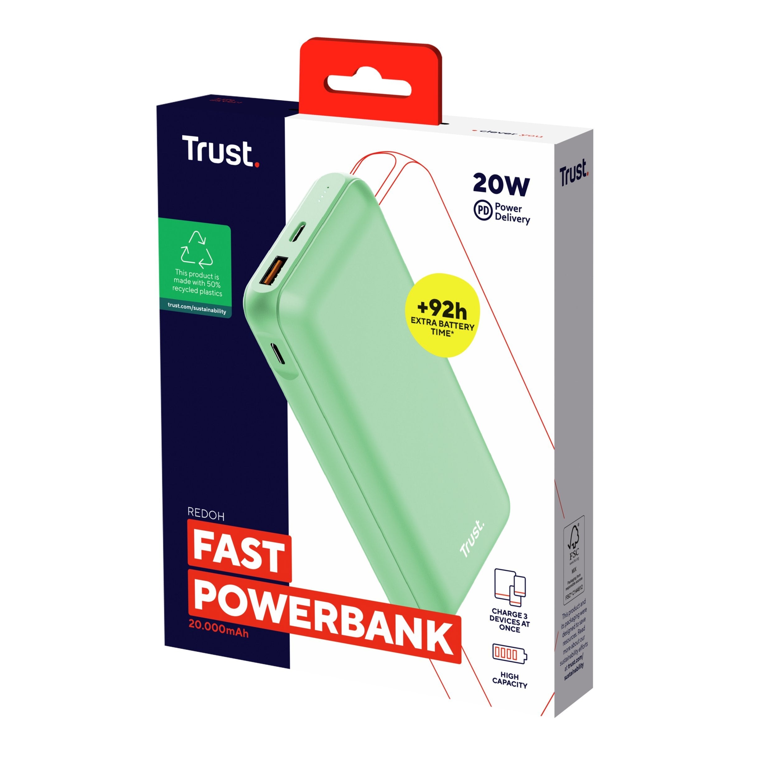 Powerbank Universal Trust 25035 Redoh 20000mah Color Verde 18w Carga Rapida 2xusb-C 1xusb-A