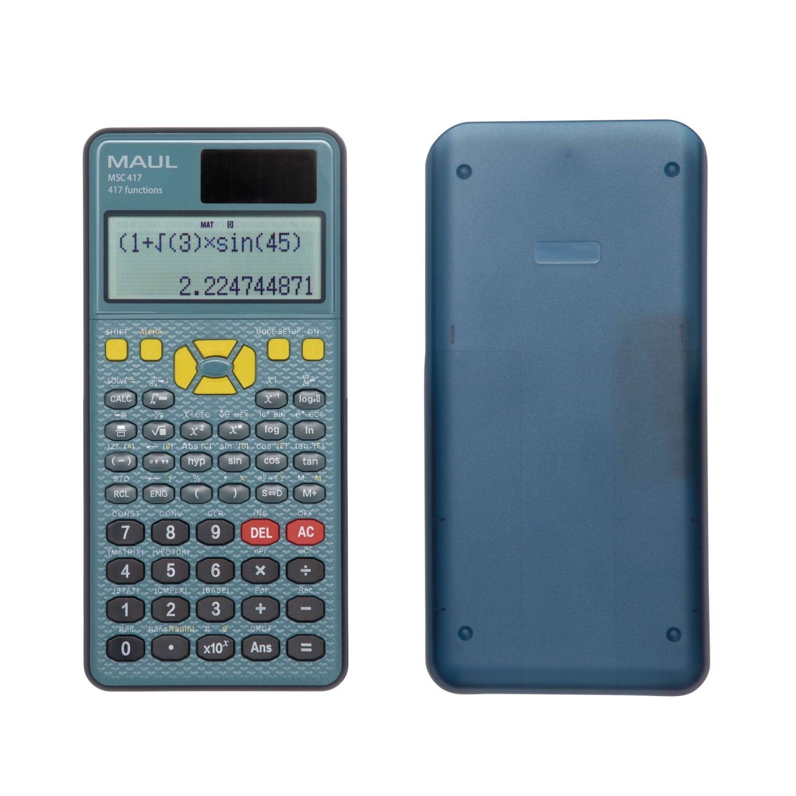Maul Msc 417 - Calculadora Científica Con Pantalla De 2 Líneas, 80% Plástico Reciclado, Pantalla Lcd, Incluye Funda De Tapa Dura, Color Azul Y Negro