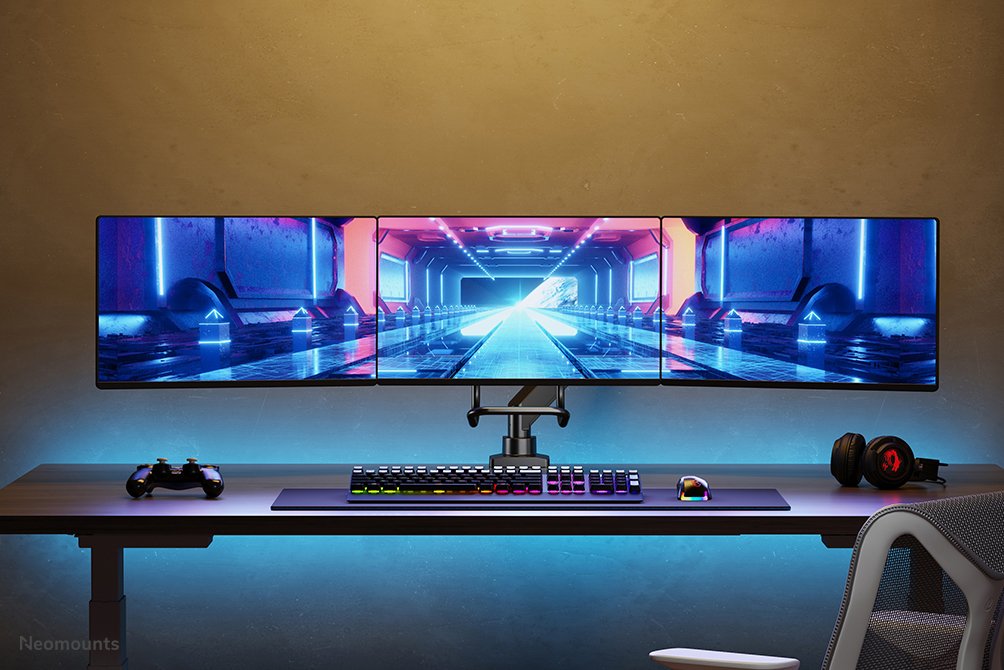 Newstar Monitor Triple-Deskmount With Crossbar 17-24inch Full Motion Gasspring Tilt Rotate Swivel Grommet/Clamp Black