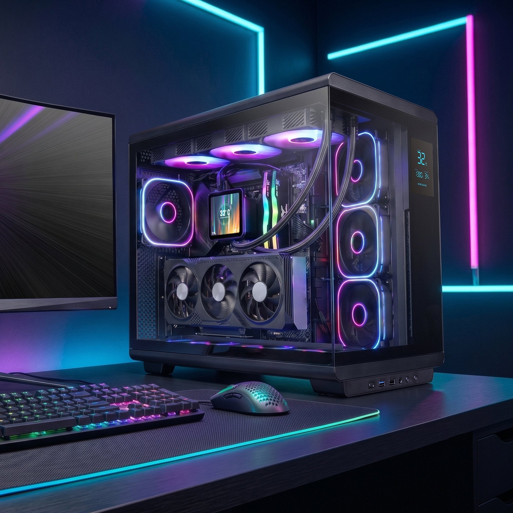 Caja Pc Atx Mars Gaming Mc-Revmax Pantalla Lcd 11.8" Cristal Templado 4x Ventiladores Argb Negro