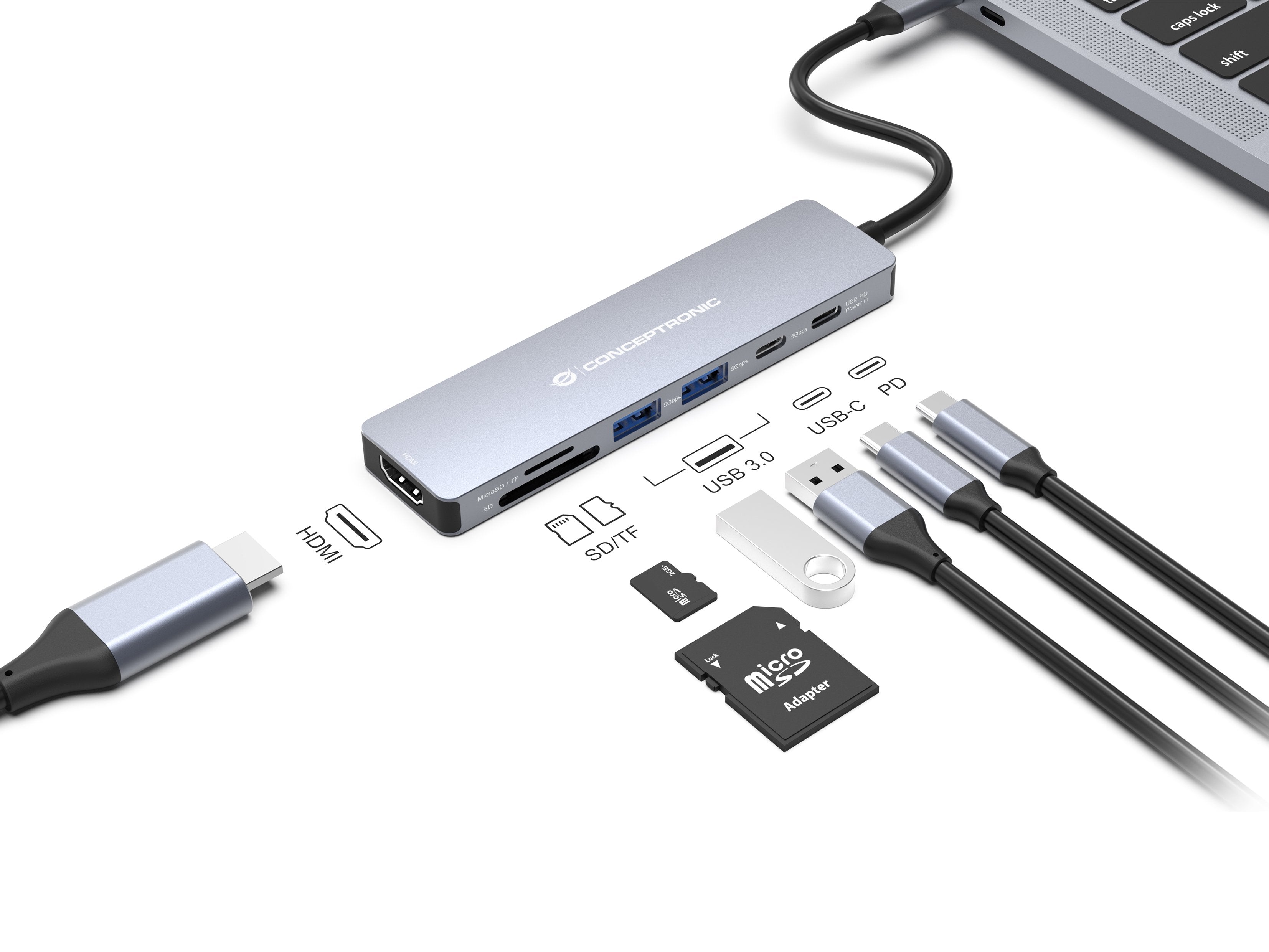 Conceptronic Dock Usb-C->Hdmi,2xusb-C,Sd,Tf,100wpd 25cm Gr