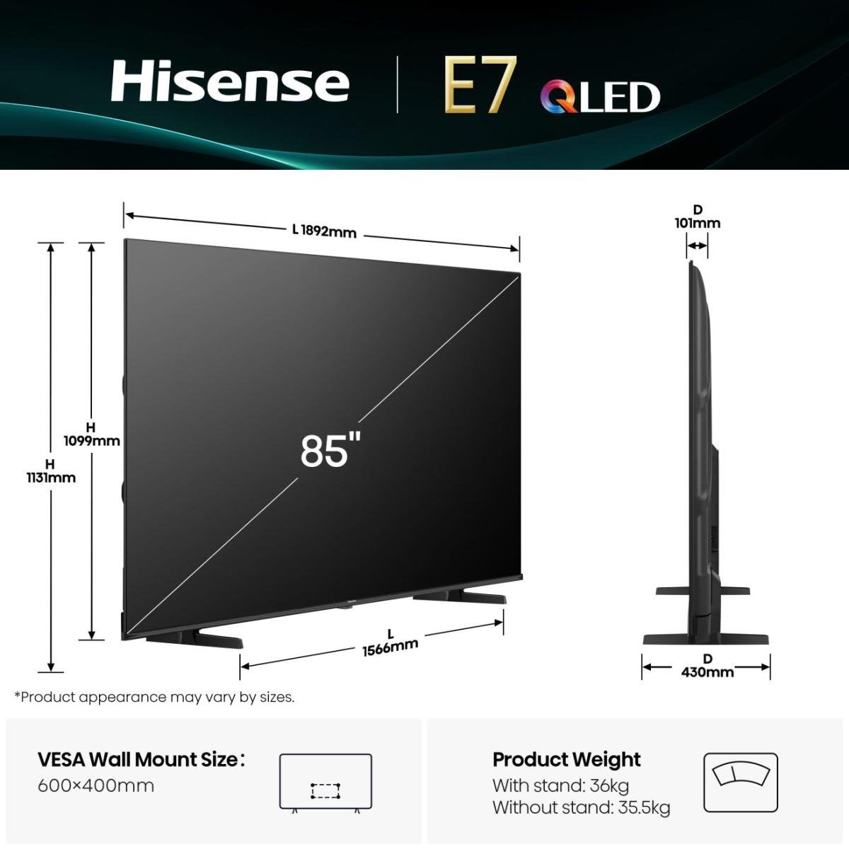 EAN 6942351419084 - Hisense 85E7Q 2,16 m (85") 4K Ultra HD Smart TV Wifi Negro 400 cd / m² imagen 2