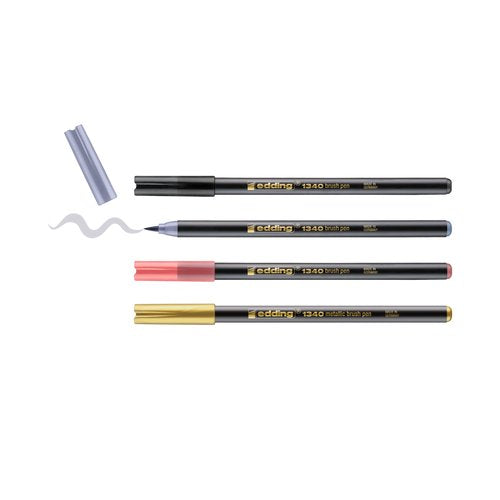 Edding 1340 Brush Pack De 4 Rotuladores - Punta Pincel Flexible - Trazo 1-3mm - Tinta Con Base De Agua - Colores Oro,