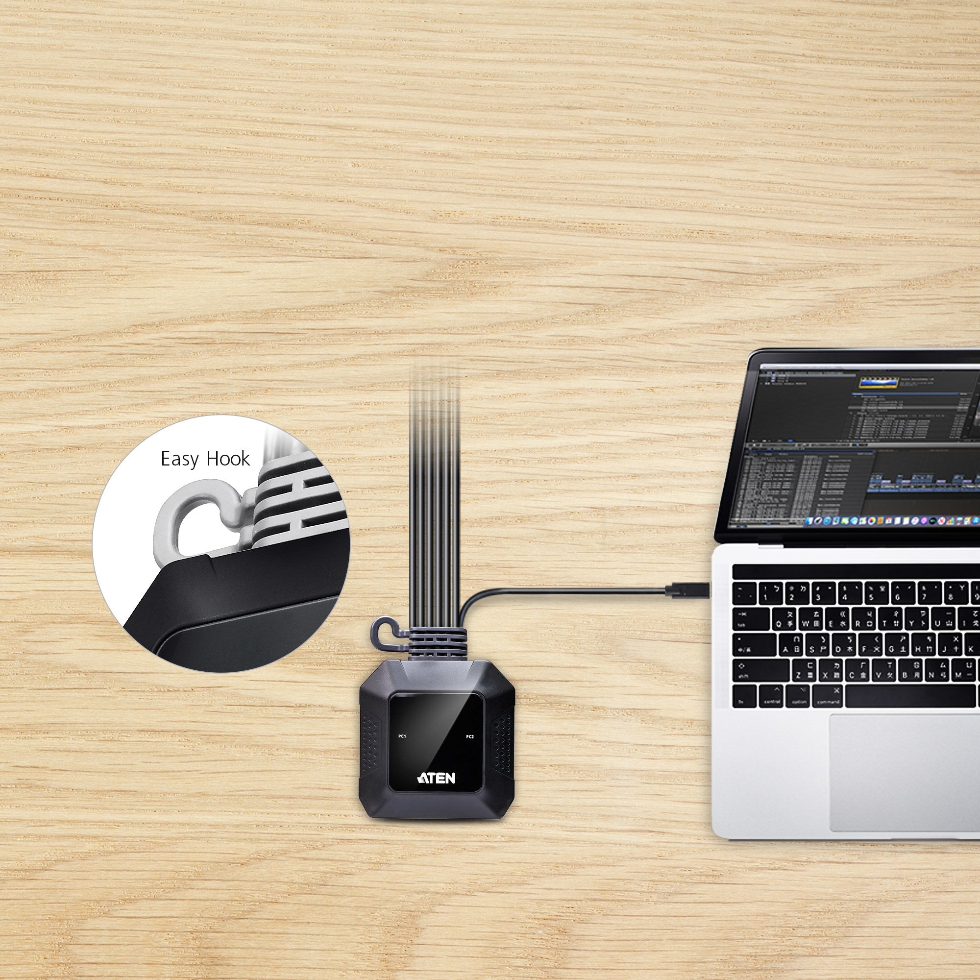 Aten Switch Kvm En Formato Cable Híbrido Displayport De 2 Puertos Usb-C