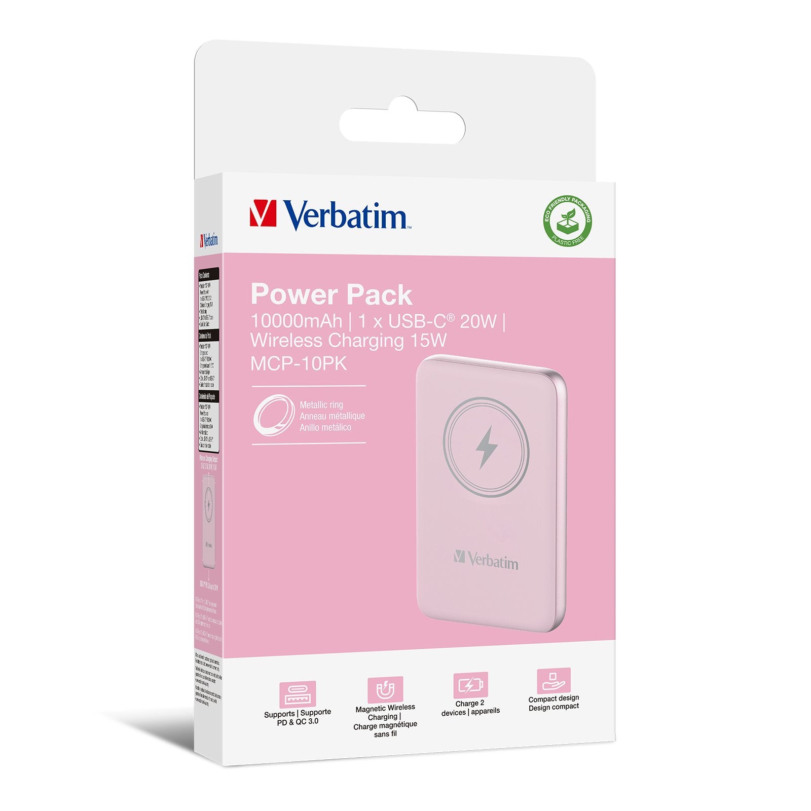 Verbatim Wireless Power Bank Charge 'N' Go 10.000mah Rosa, Qi, Pd 3.0, Quick Charge 3.0 32248