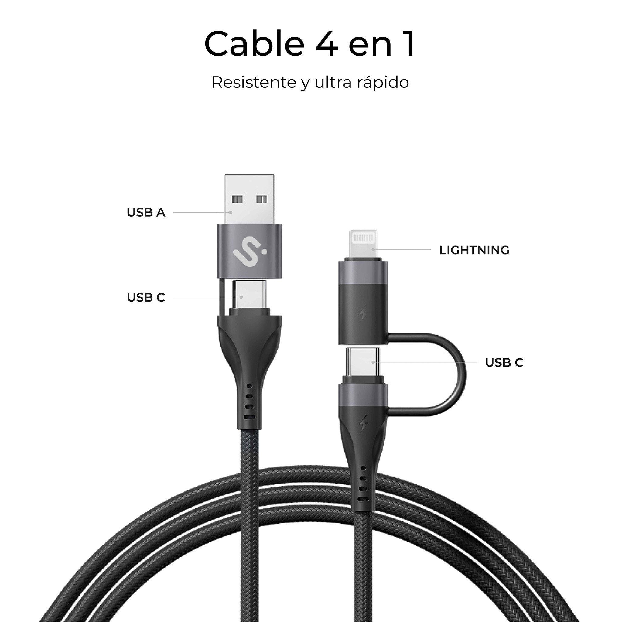 Cable Top 4 En 1 60w Usb-A/2xusb-C/Lightning 1 M Negro Subblim 60w/ Longitud: 1m/ Cable 4 En 1 (Usb-A/C-C/Lightning/ Pd 3.0