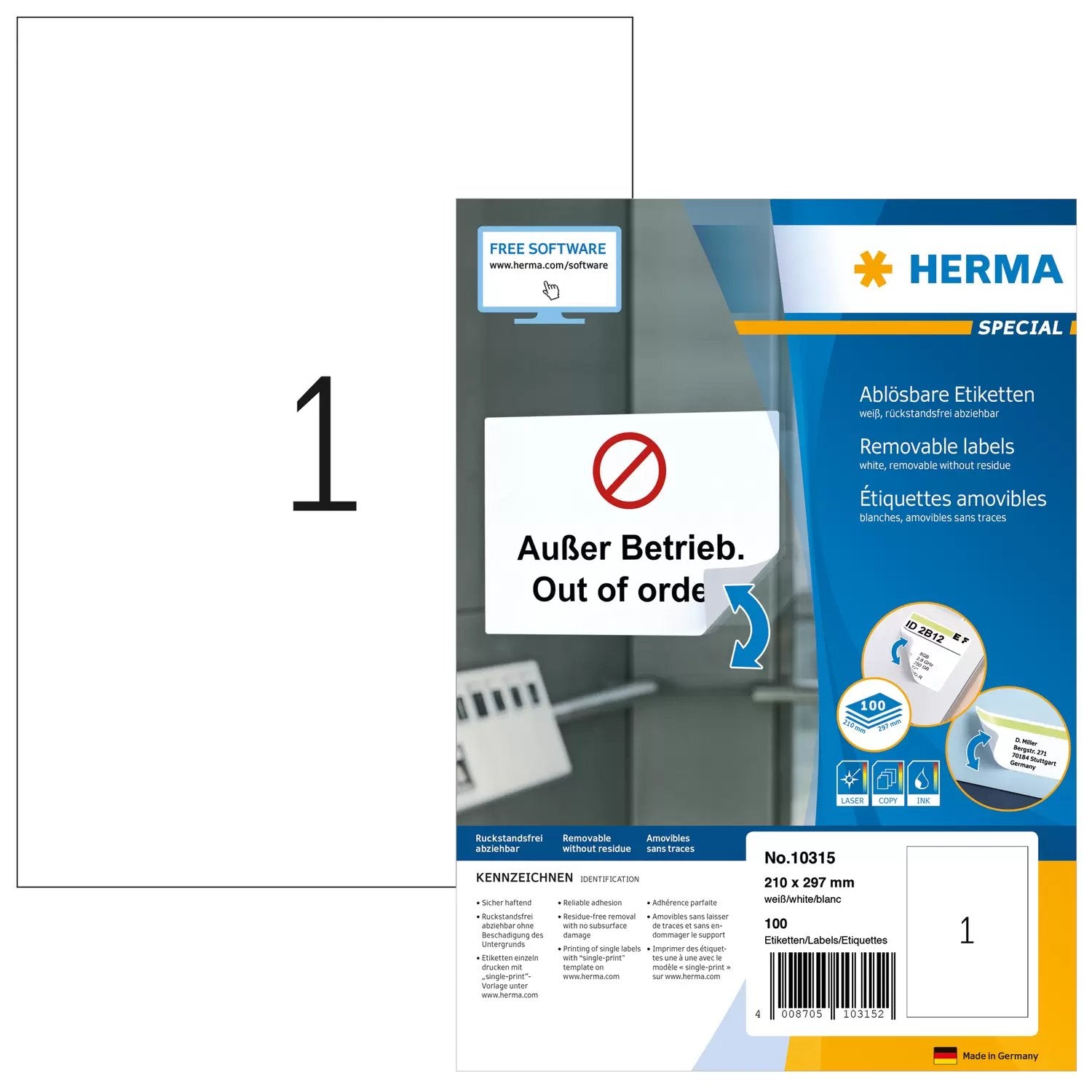 EAN 4008705103152 - HERMA 10315 etiqueta autoadhesiva Rectángulo redondeado Desmontable Blanco 100 pieza(s) imagen 1