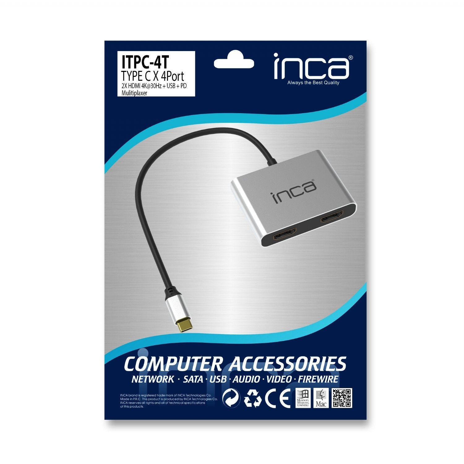 Inca Adaptador Itpc-4 Typ C > 2xhdmi 4k30hz,1xusb-A,1xusb-C