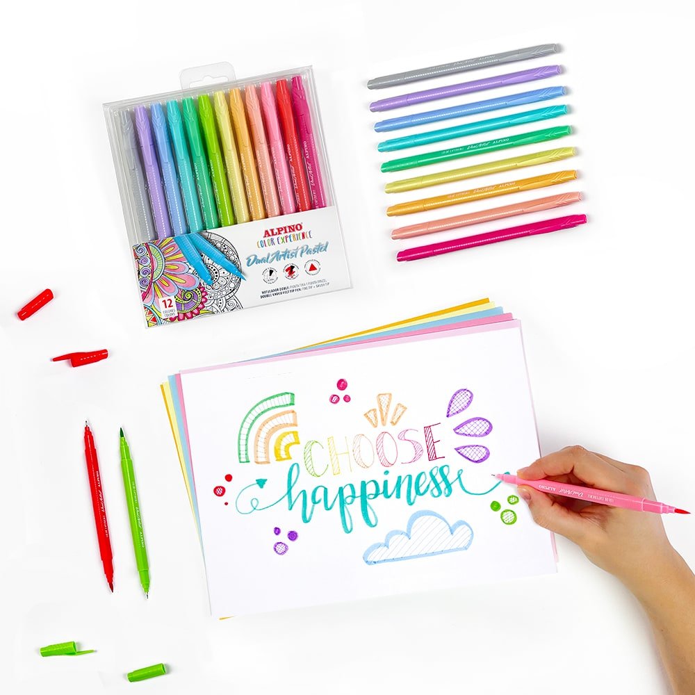 Alpino Color Experience Pack De 12 Rotuladores Pastel Doble Punta - Forma Triangular Ergonomica - Puntas Fine Liner De 0.7mm Y Pincel De 2.9mm - Colores Surtidos