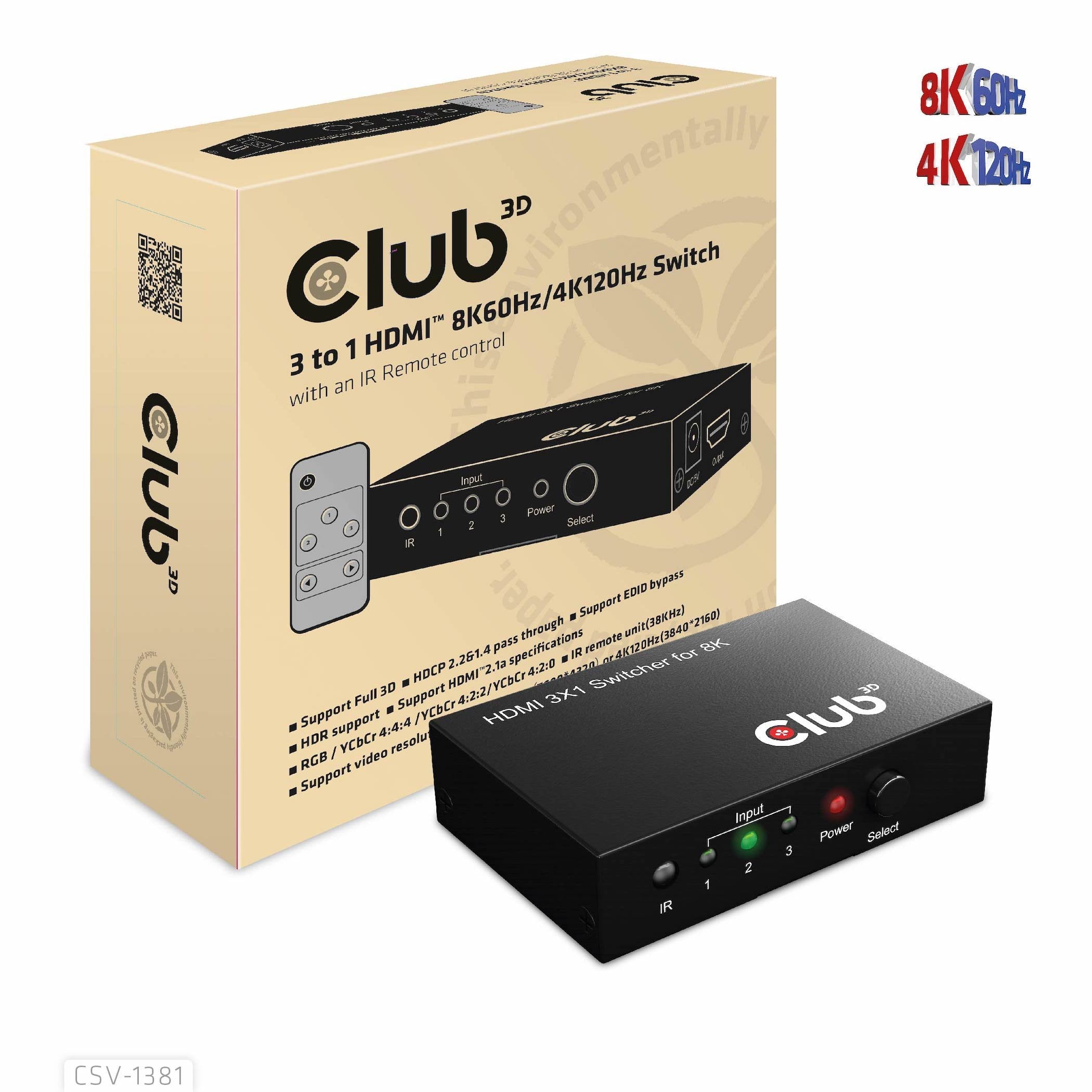 EAN 8719214472719 - CLUB3D 3 to 1 HDMI 8K60Hz Switch interruptor KVM Negro imagen 1