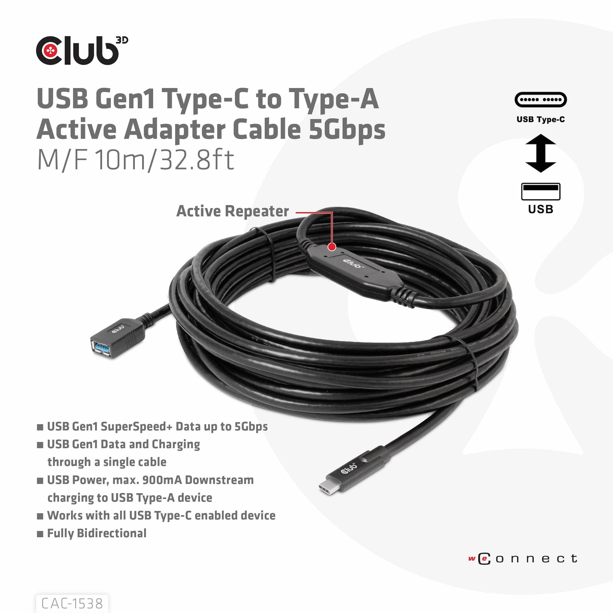 EAN 8719214472139 - CLUB3D CAC-1538 cable USB USB 3.2 Gen 1 (3.1 Gen 1) 10 m USB C USB A Negro imagen 3