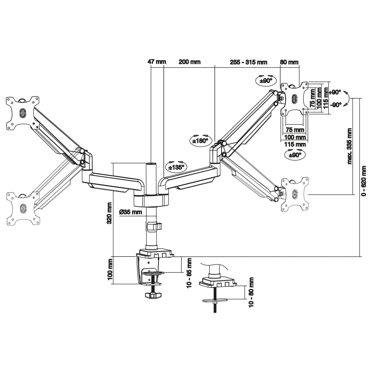 Soporte De Escritorio Inline Con Elevador Móvil Para Dos Pantallas De Hasta 82 Cm 32" Máx. 9 Kg