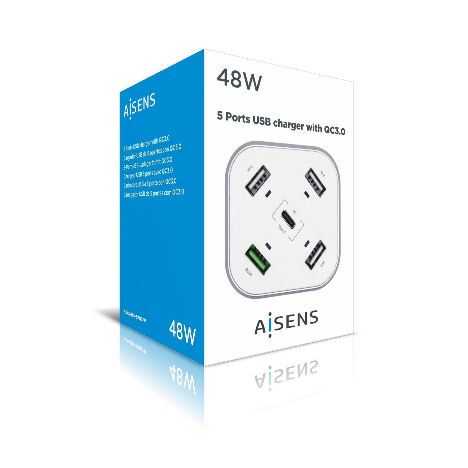 Aisens Cargador 48w 5 Puertos 3xusb-A 1xusb-C 1xusb Qc3.0, Blanco