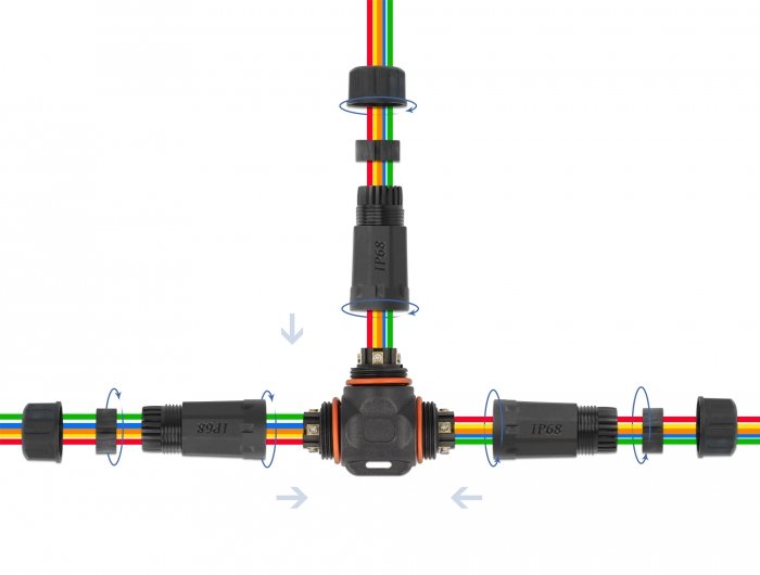 Delock Cableverbinder T-Form Für Aussenbereich 5 Pin, Ip68 Wasserdicht, Schraubbar, Cabledurchmesser 4,5 - 7,5 Mm Schwarz