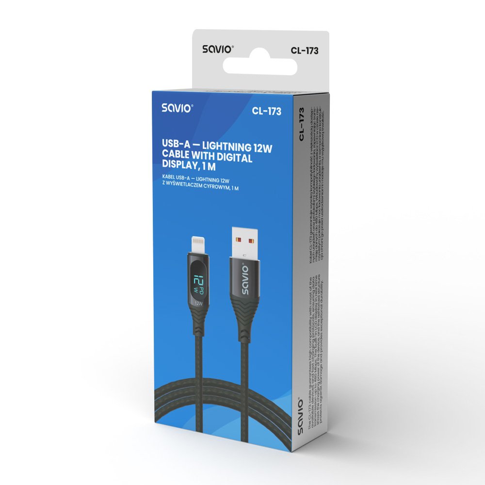 EAN 5901986047797 - Savio USB - Lightning cable with display CL-173 1 m black Negro imagen 3