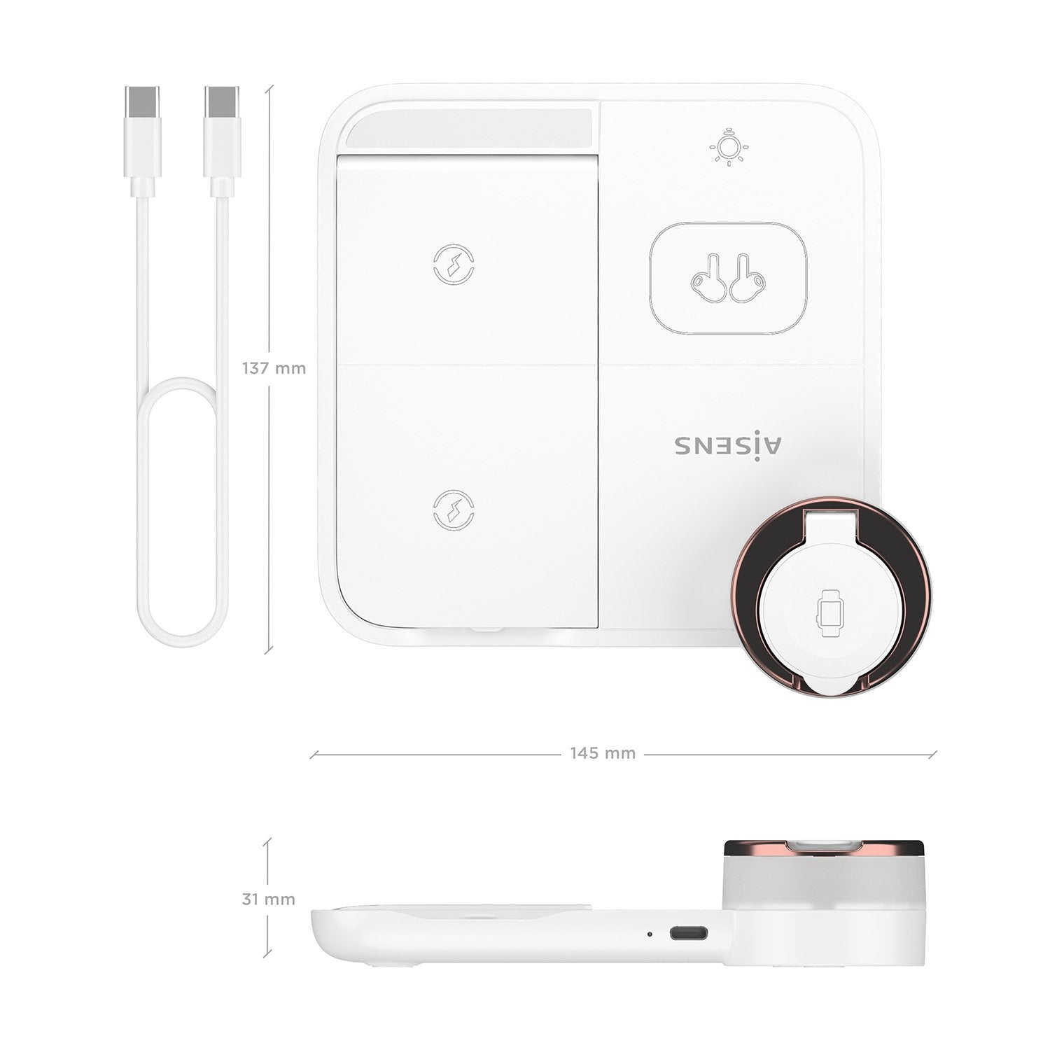 Aisens Cargador Inalambrico Usb-C 4 En 1 De 15w Para Movil, Apple Watch, Auriculares Con Estuche De Carga, Blanco
