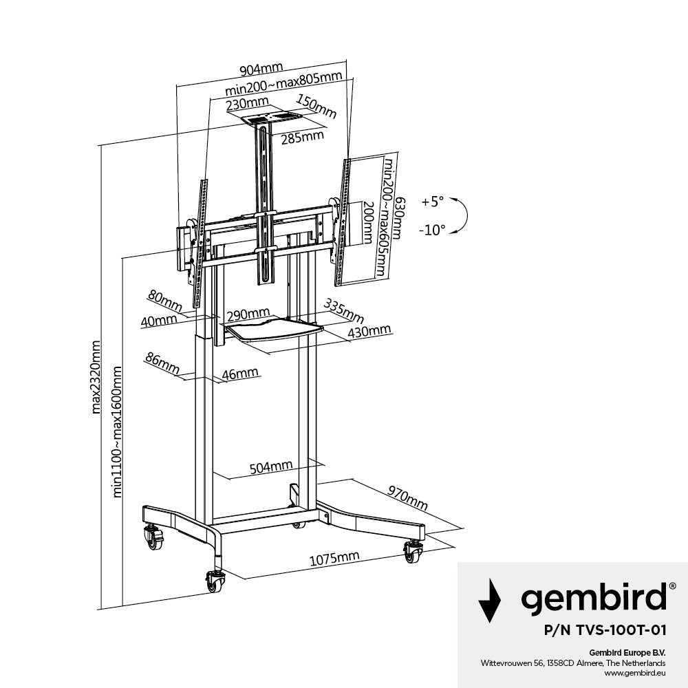 EAN 8716309129046 - Gembird Stojak pod tv z regulacj wysokoci mobilny 55-100 cali imagen 12