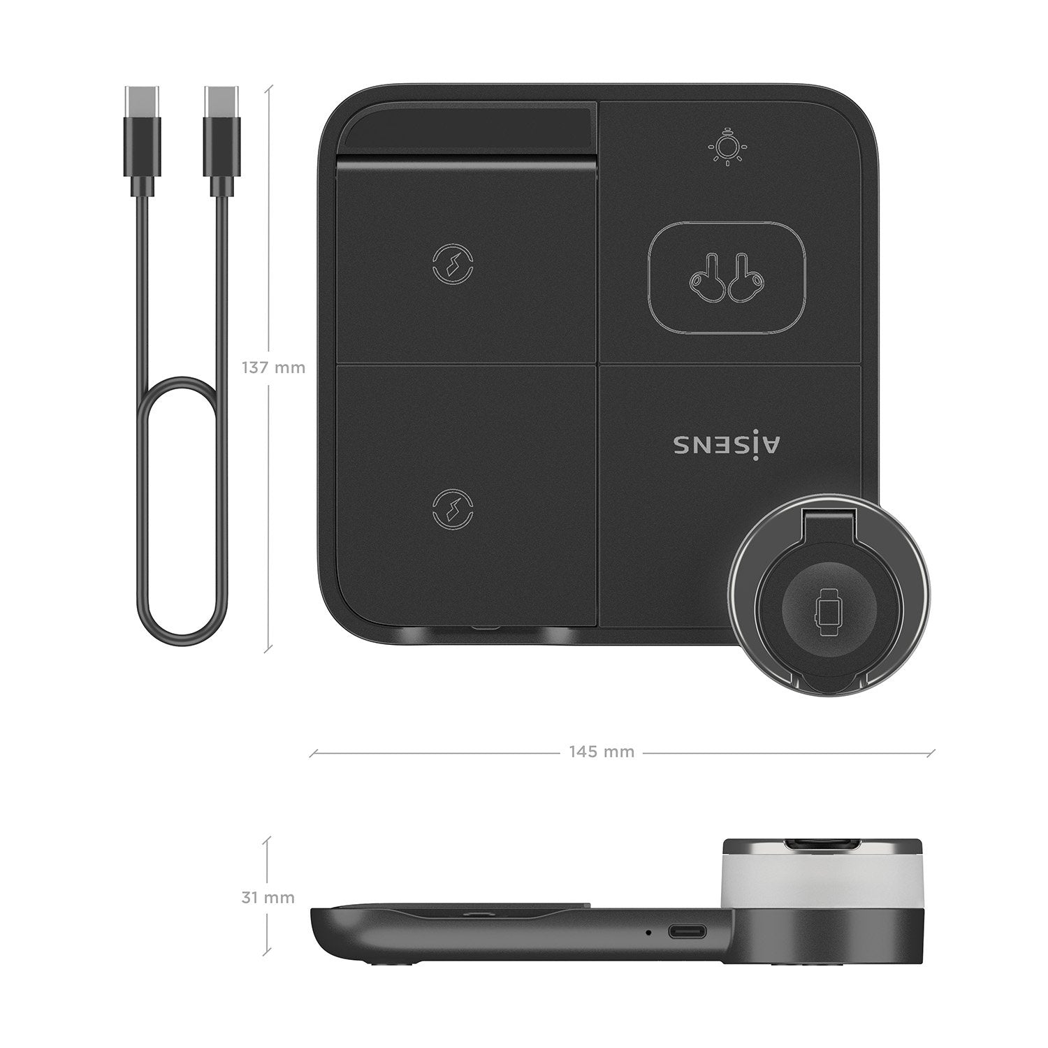 Aisens Cargador Inalambrico Usb-C 4 En 1 De 15w Para Movil, Apple Watch, Auriculares Con Estuche De Carga, Negro