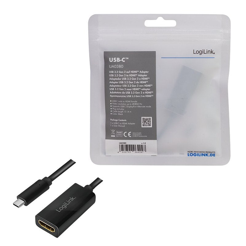 EAN 4052792064247 - LogiLink UA0380 adaptador de cable de vídeo 0,15 m USB Tipo C HDMI Negro imagen 8