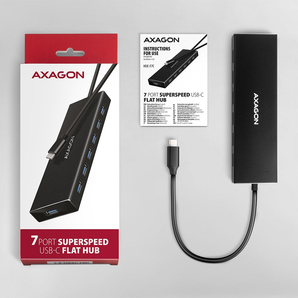 Axagon Hue-F7a 7x Usb 3.2 Gen 1 Aluminium Flat Hub, 30 Cm Usb-C-Cable