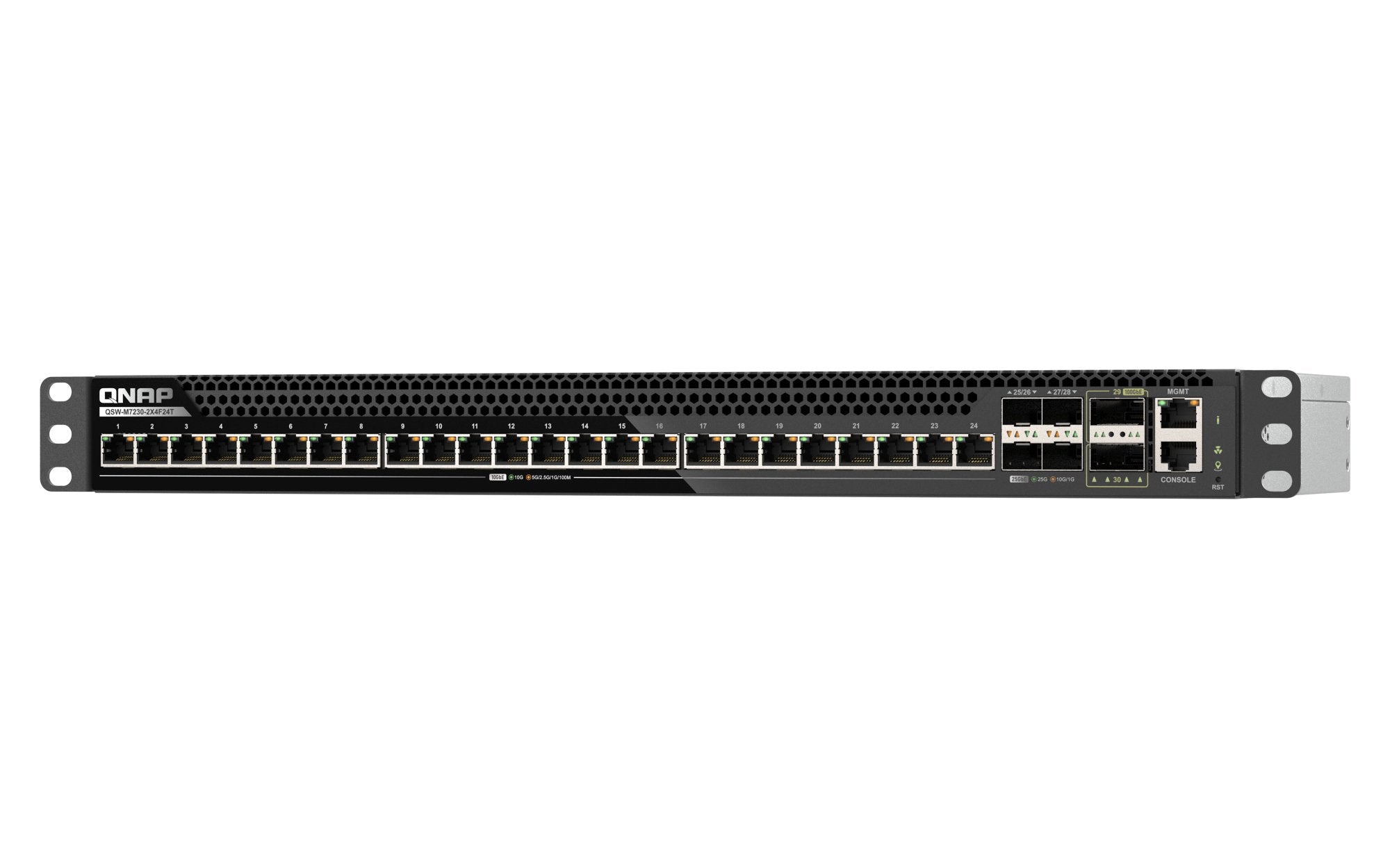 Qnap Qsw-M7230-2x4f24t Conmutador 2 X 100 Gigabit Qsfp28 + 4 X 25 Gigabit Sfp28 Montable En Rack Para Qnap Cab-Dac50m-Sfpp Trx-10gitsfpp-Sr Trx-25gsfp28-Sr
