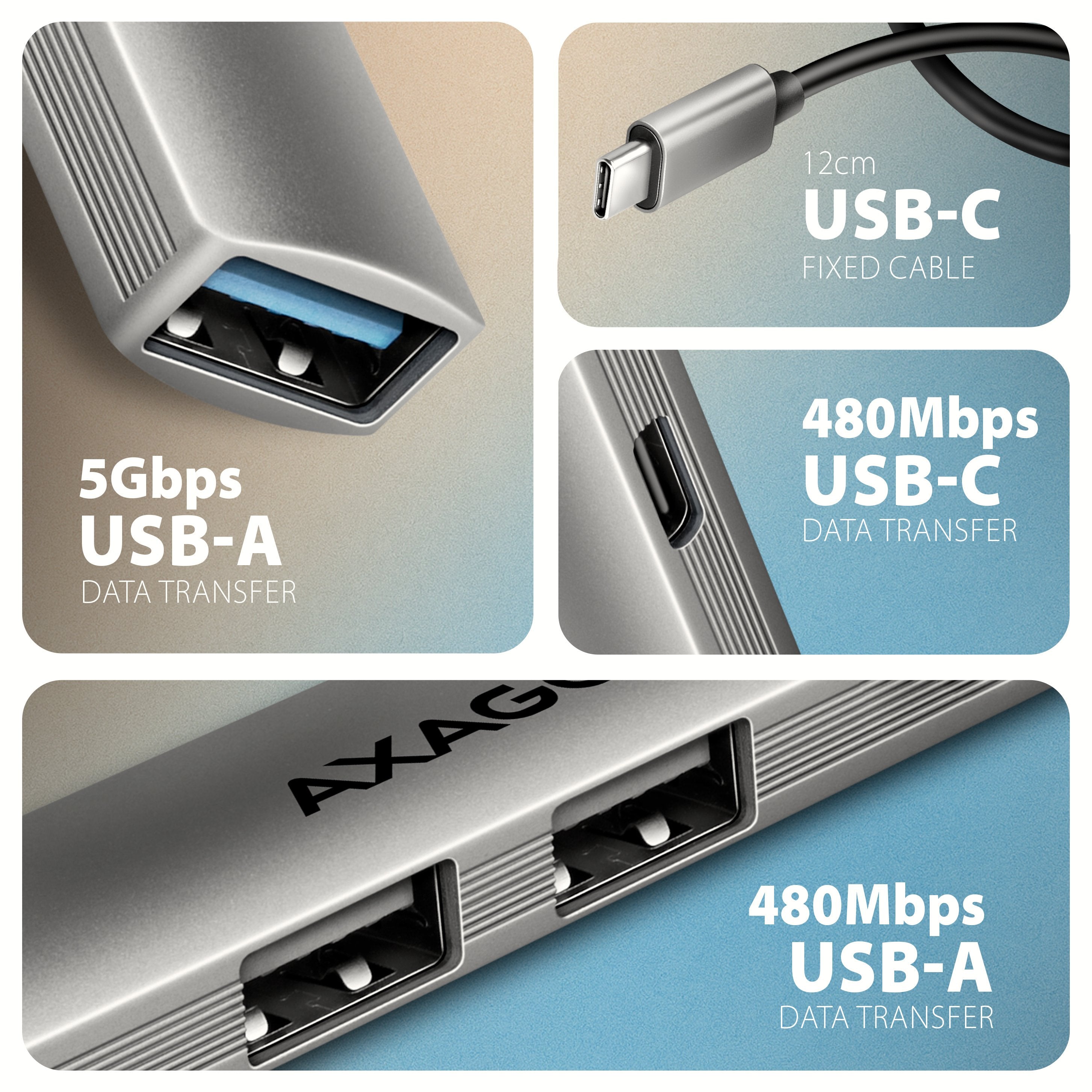 Axagon Hub Usb Hue-Stc, 4x Usb Alu Strip Hub, 1x Usb-A 5gbps, 2x Usb-A & 1x Usb-C 480mbps, Kabel Usb-C 12cm Usb 3.2 Gen 1 (3.1 Gen 1) Type-C 5 Mbit/S Gris