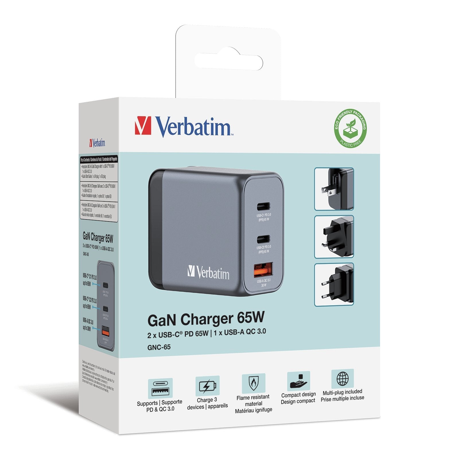 Cargador De Pared Universal Verbatim Gnc-65 2xusb Tipo-C 1xusb 65w
