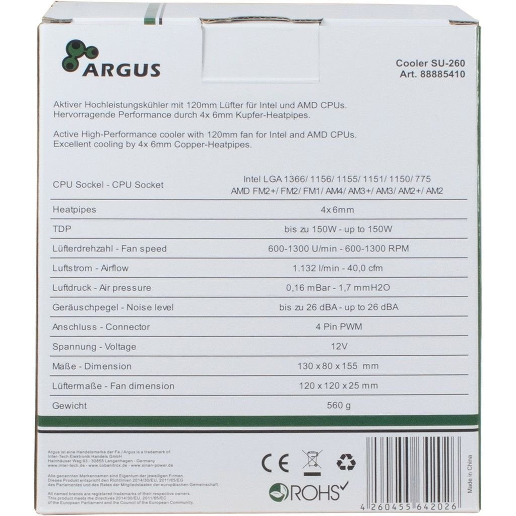 Disipador Inter-Tech Argus Su-260 Ventilador Activo De 120 Mm