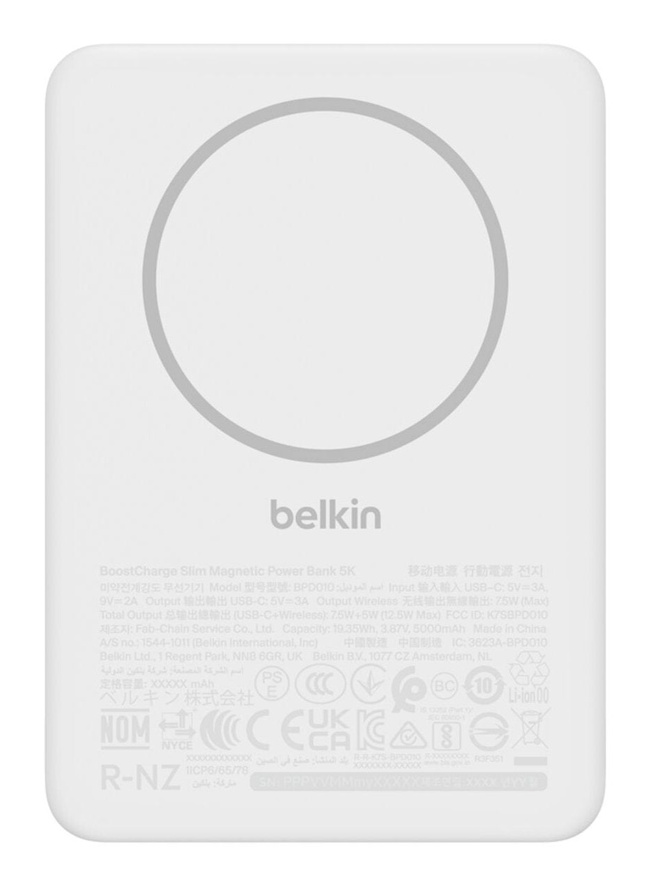 Cargador Inalámbrico Belkin Delgado 5000 Mah 15 Vatios Fast Charge 2 Conectores De Salida (Magnética Usb-C) En El Cable: Usb-C Blanco