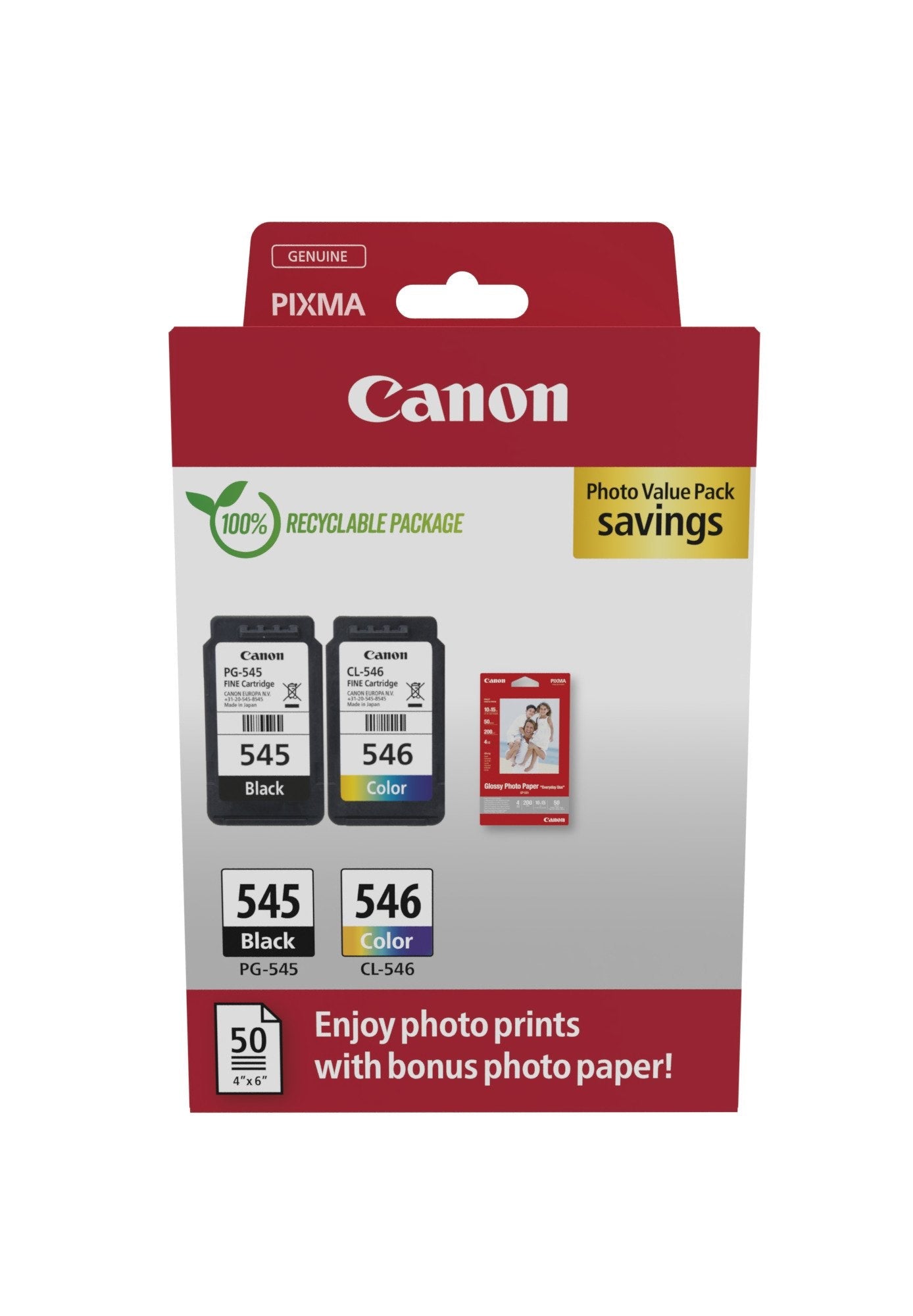 Tinta Original Canon Pg-545 + Cl-546 Multipack Negro Tricolor + Papel Fotográfico