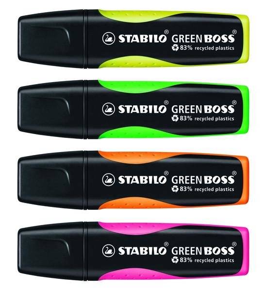 Stabilo Green Boss Set De Mesa De 4 Marcadores Fluorescentes 83% Plastico Reciclado + Bloc De Notas Adhesivas 100%