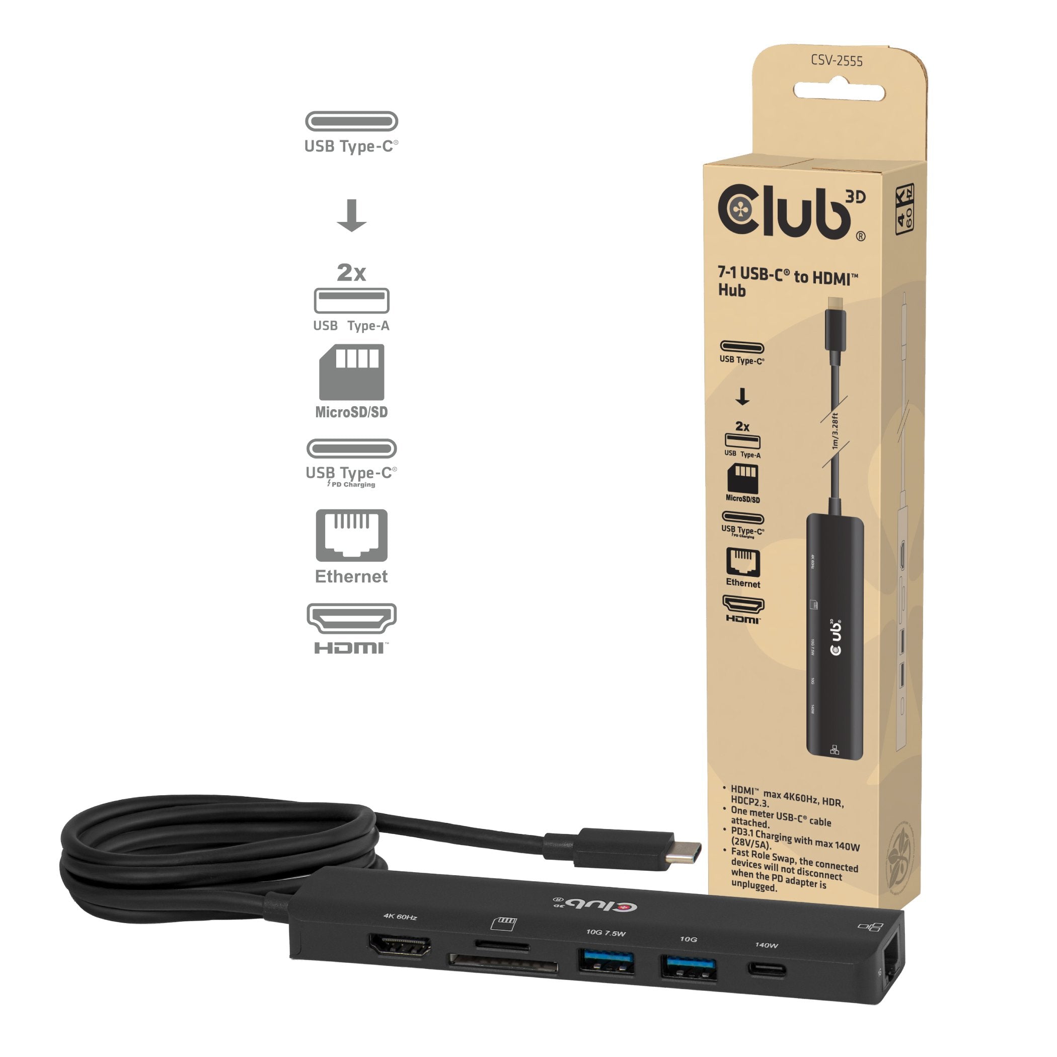 Club3d Usb-C 7in1-Hub >Hdmi 2xusb Usb-C Lan 4k60hz Pd140w Retail