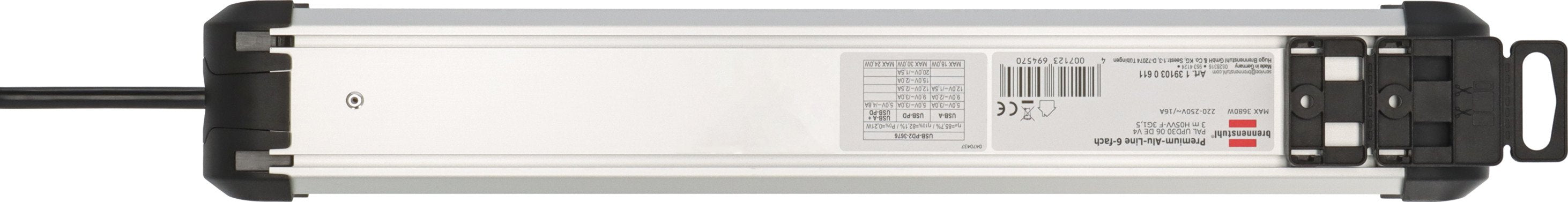 Brennenstuhl 1391030611 Base Múltiple 3 M 6 Salidas Ac Interior Negro, Plata