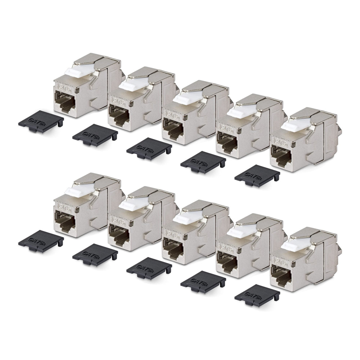 Startech.Com Geschirmtes Cat6a Keystone Jack Módulo, Pack De 10 Rj45 Ethernet Conector Hembra, Stp Cat6a Wandbuchse, 180 Grad, Sin Herramientas, Plano, Plateado, Rj-45, Conector Hembra, Conector Hembra, 10gbase-T