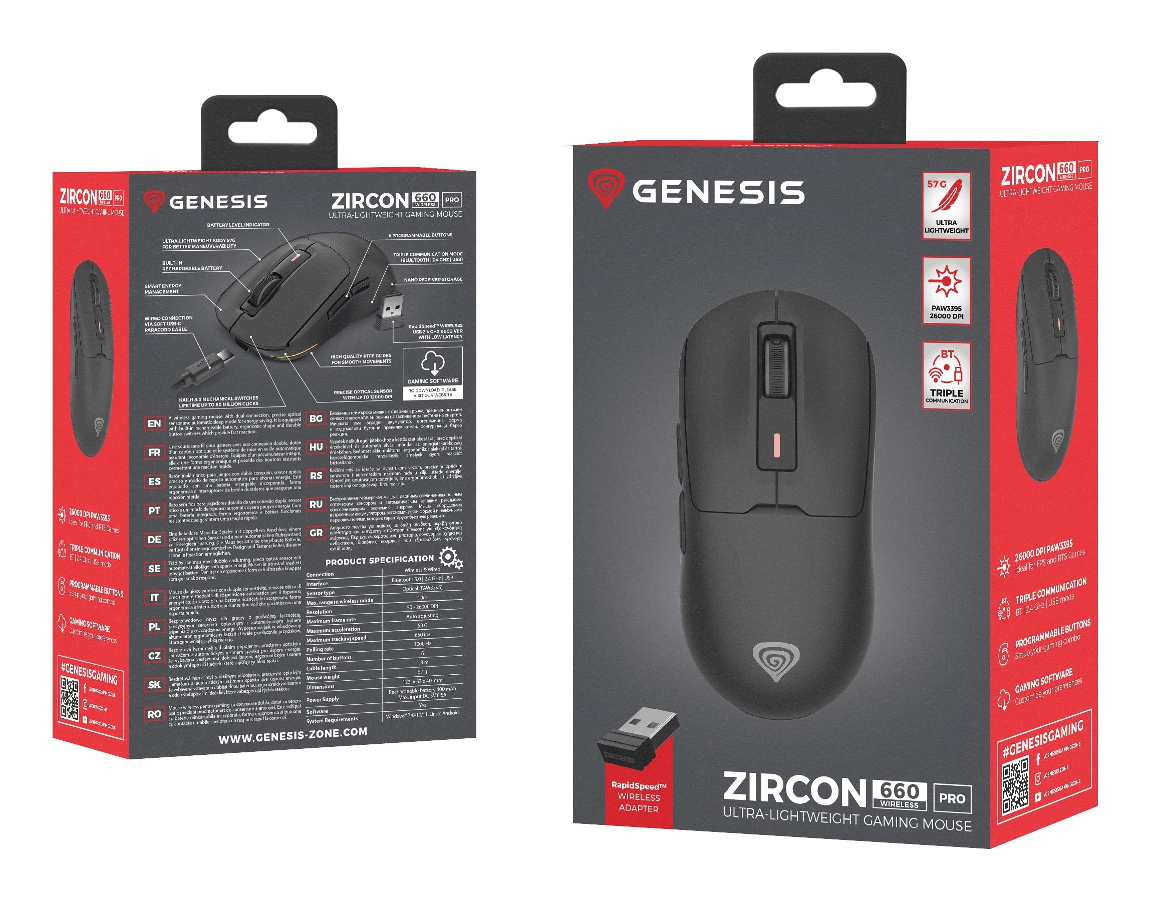 Raton Genesis Nmg-2193 Juego Ambidextro Bluetooth + Usb Type-C Óptico 26000 Dpi