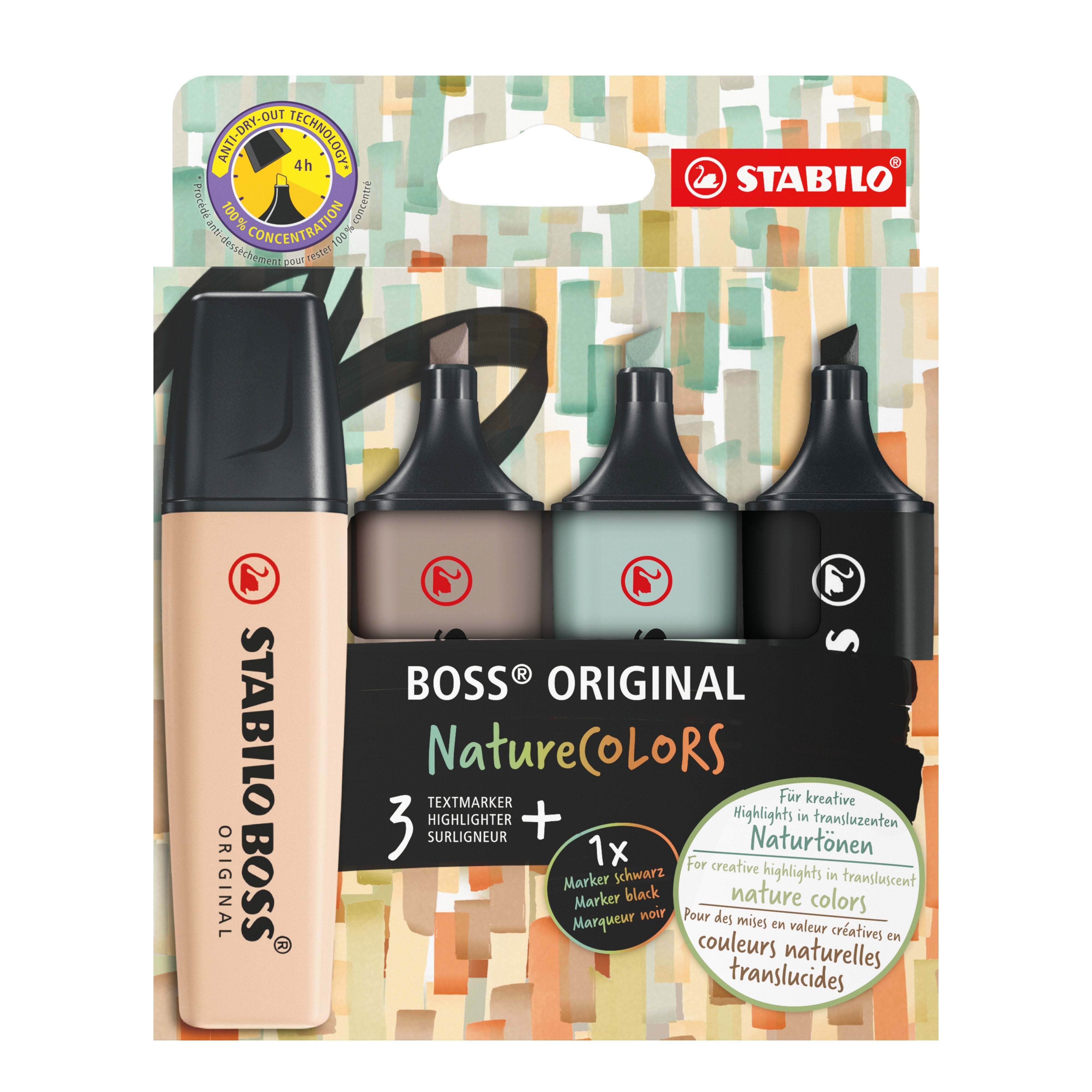 Stabilo Boss Naturecolors Pack De 4 Marcadores - Trazo Entre 2 Y 5mm - Tinta Con Base De Agua - Colores Negro, Beige,