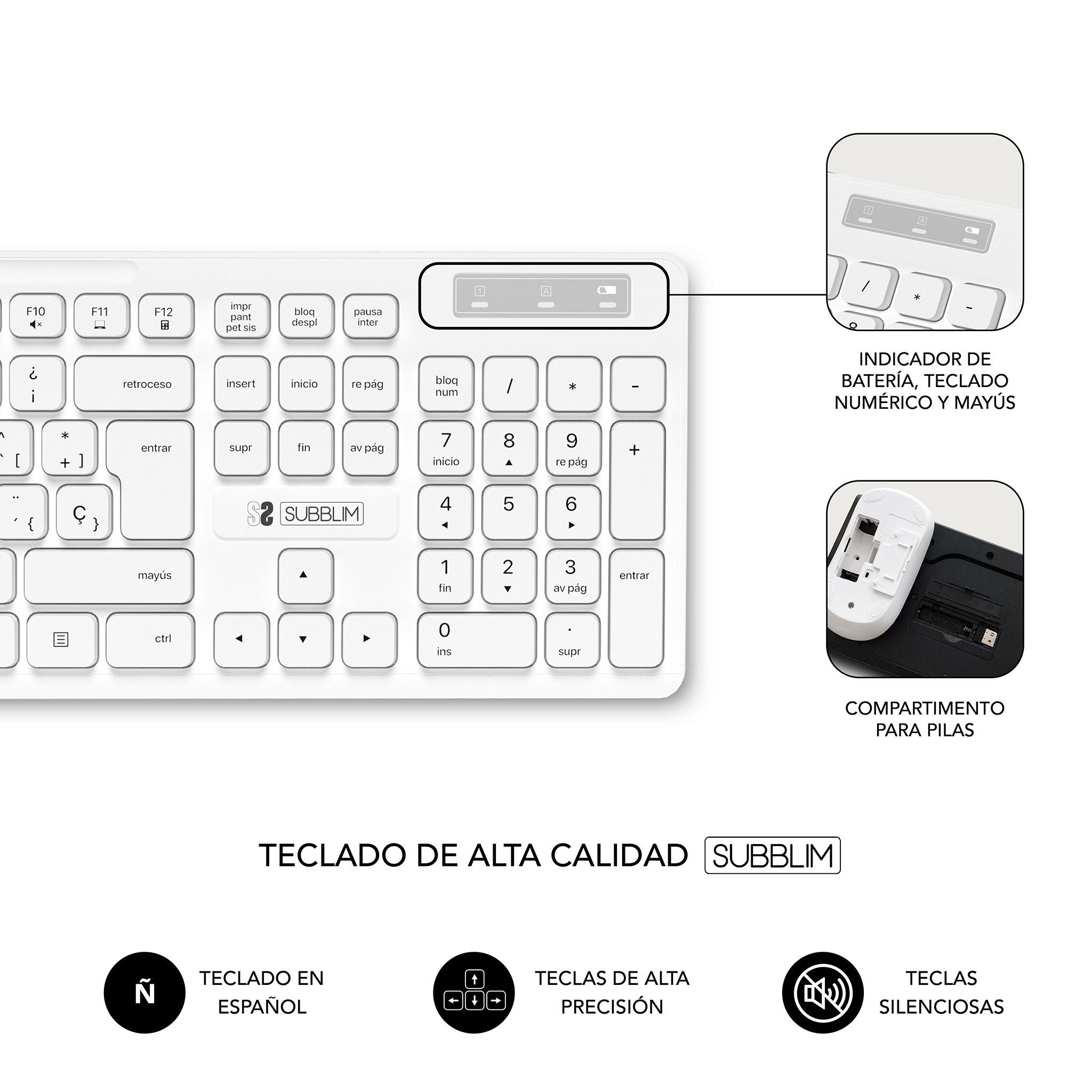 Teclado + Raton Business Slim Silencioso Wireless Blanco Subblim Español