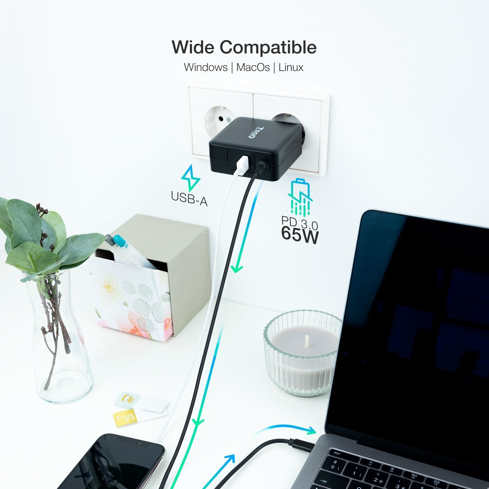 Tooq Cargador Universal Para Portatil 65w Usb-C - Compatible Con Pd - Cable De 1.80m