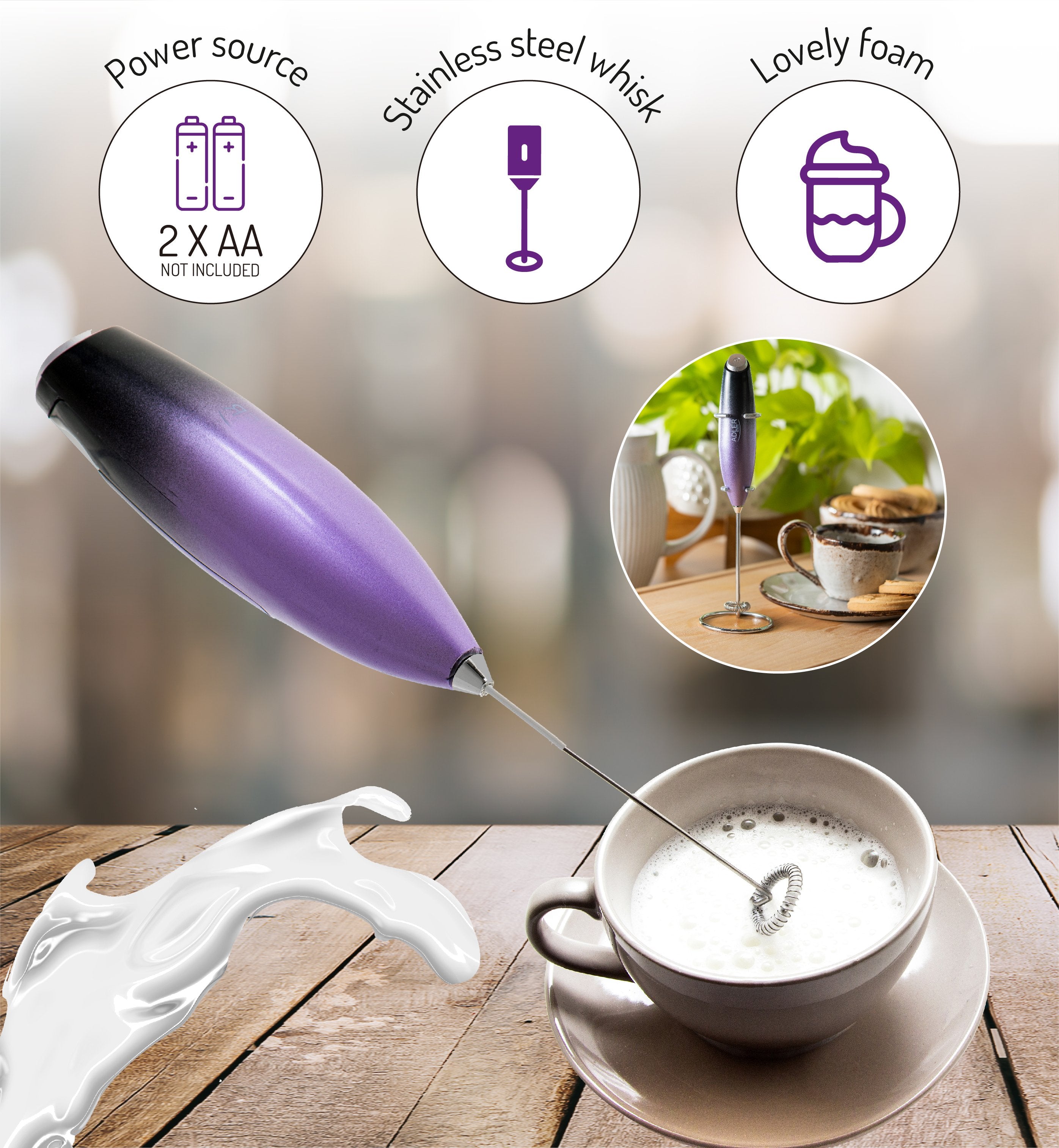 Adler Ad 4499 Espumador De Leche Con Soporte Negro Morado