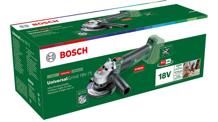 Bosch Amoladora Angular A Batería Universalgrind 18v-75, Ø 115mm Verde/Negro, Sin Batería Ni Cargador, Power For All Alliance
