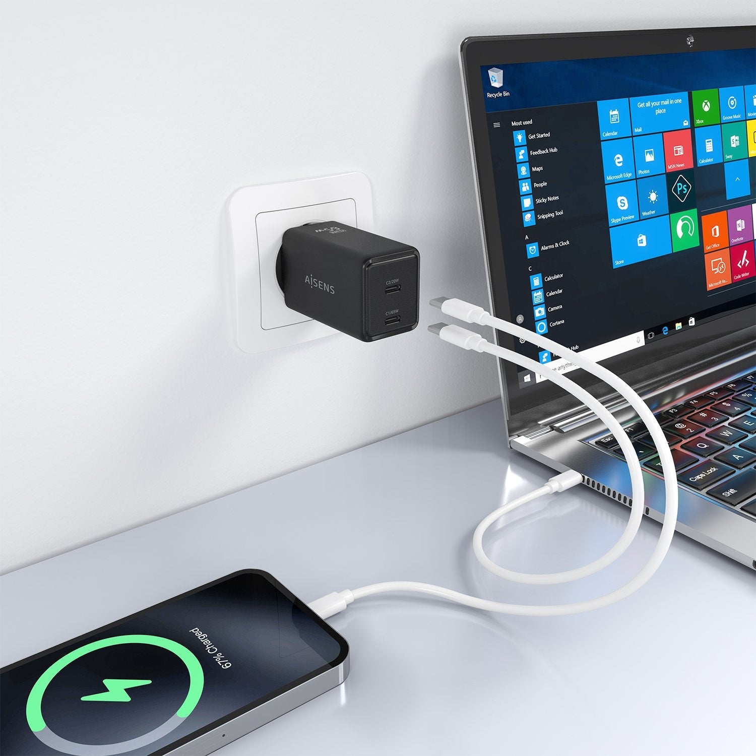 Aisens Cargador Gan 65w, 2xusb-C Pd3.0 Qc4.0, Negro
