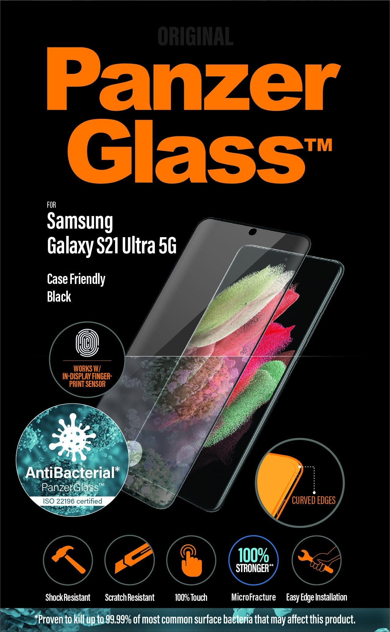 Panzerglass 7258, Protector De Pantalla, Samsung, Galaxy S21 Ultra, Resistente A Rayones, Antibacteriano, Transparente