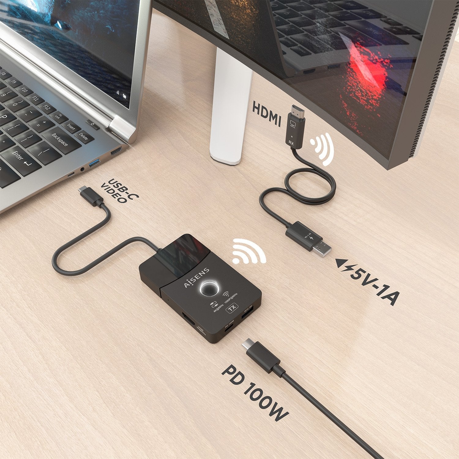 Aisens Docking Usb-C A Hdmi 1080p@60hz (Inalambrico) 30m, 1xhdmi 4k60hz (Cable) 2xusb-C 1xusb-A 1xusb-C Pd 100w, Negro