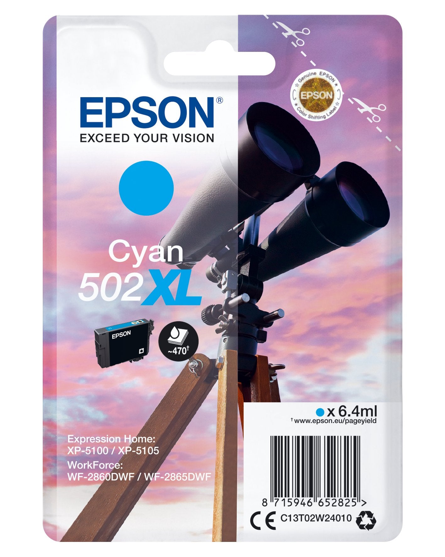 Epson Binoculars Singlepack Cyan Xl Supl 502xl Ink 6.4 Ml Para Expression Home Xp-5100, Workforce Wf-2860