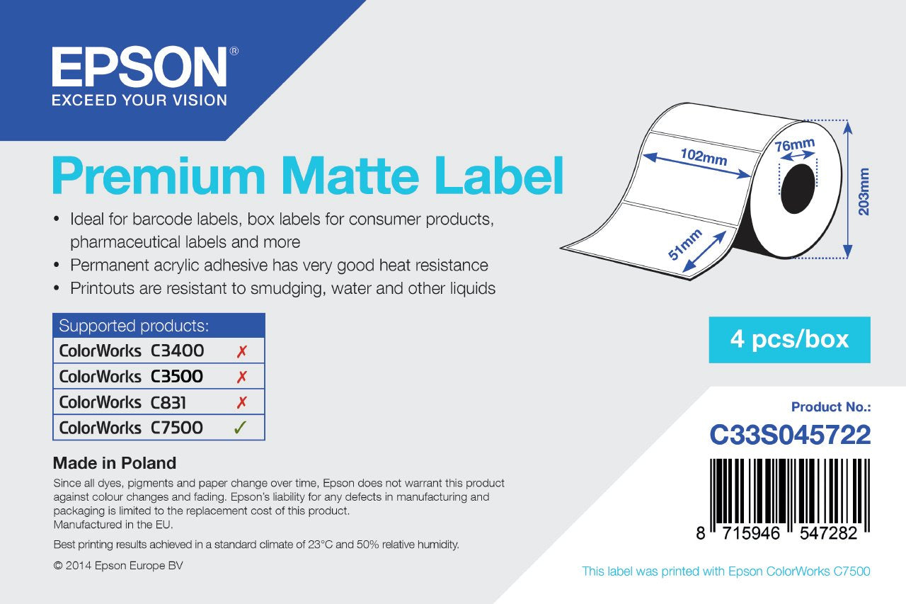 Epson Premium Matte Label - Die-Cut Roll: 102mm X 51mm, 2310 Labels