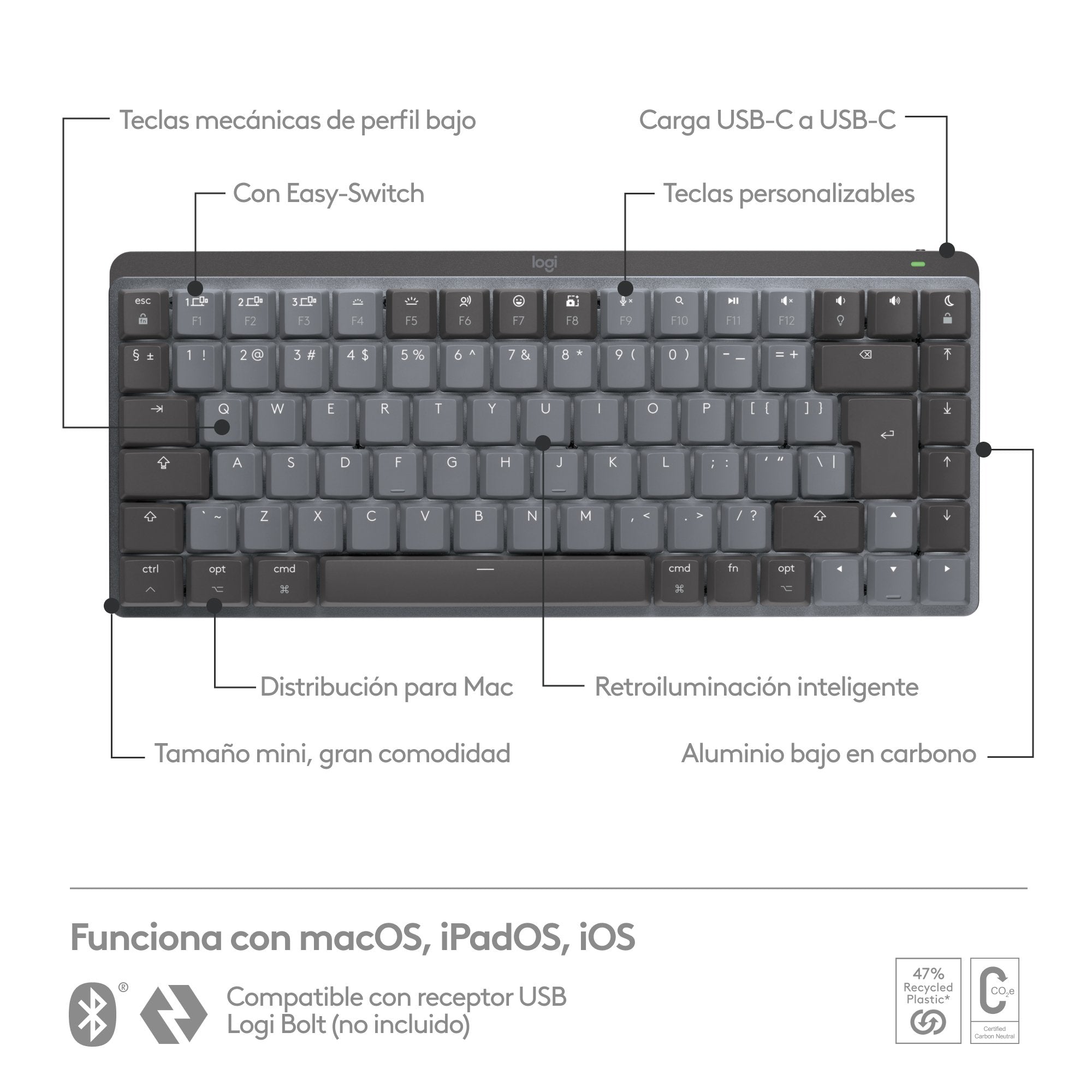 Logitech Mx Mini Mechanical For Mac Teclado Bluetooth Qwerty Internacional De Ee.Uu. Grafito, Gris